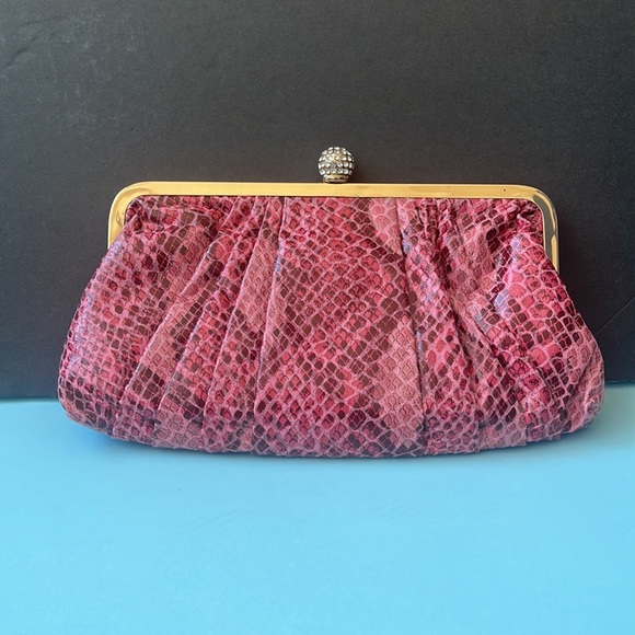 Jessica Simpson Pink and Red snake skin top-latch clutch purse - Picture 2 of 10